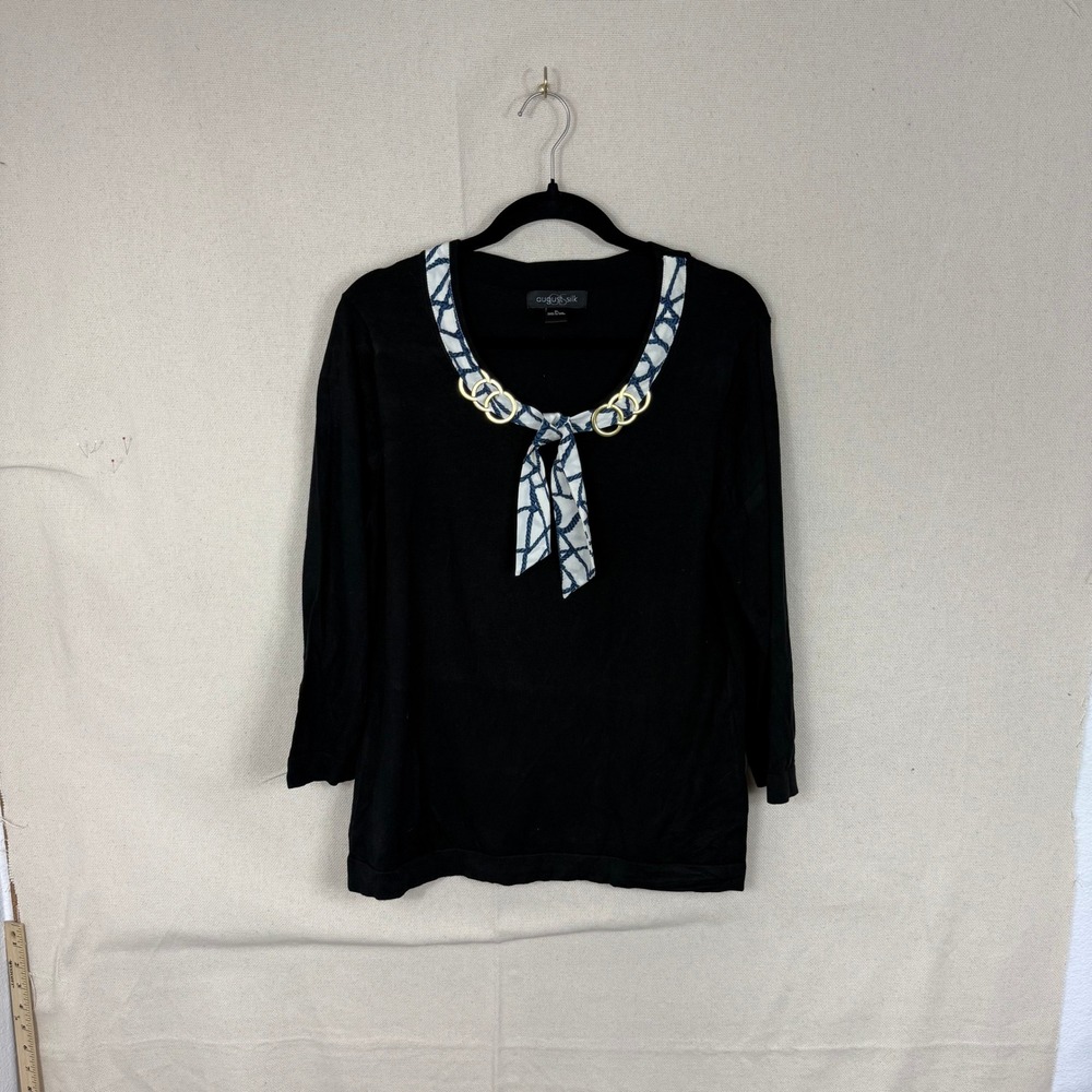 August Silk Womens XL Black Silk Blend 3/4 Sleeve Scarf Neck Knit‎ Sweater Top